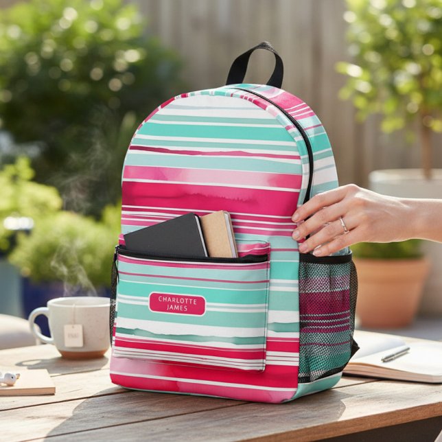 Sac À Dos Imprimé Préppy moderne Cyan Magenta Nom personnalisé (Créateur téléchargé)