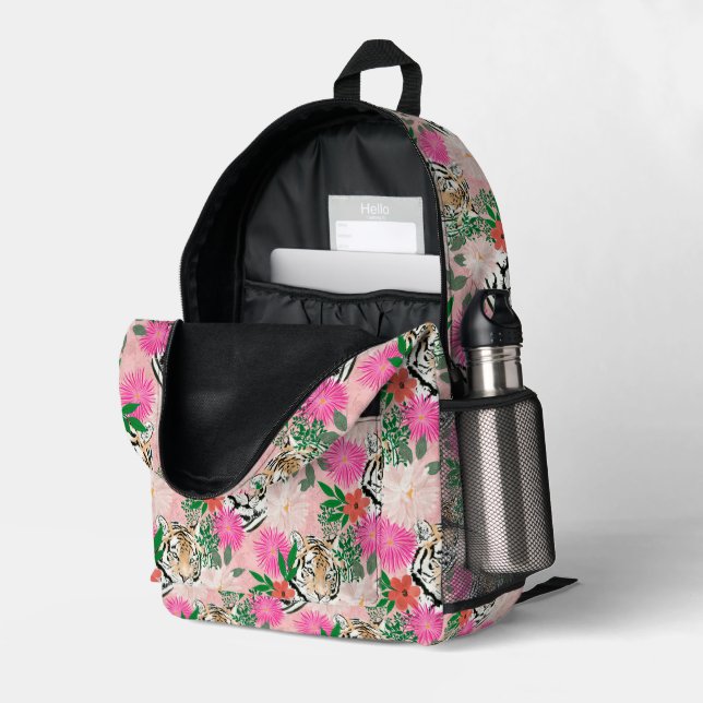 Sac À Dos Imprimé Pretty White Pink Tiger Floral Painting (Coin arrière droit (ouvert))