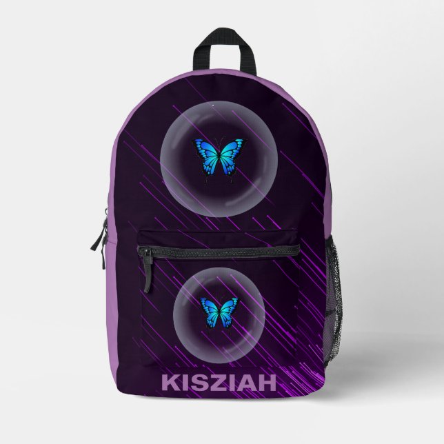 Sac À Dos Imprimé Purple Neon Butterfly kids Preppy Fun Nom personna (Recto)