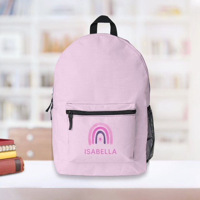 Sac À Dos Imprimé Rainbow Personnalisé Girl School (Pink Girl Backpack with a pretty rainbow in purple. Personalized girl school backpack.)