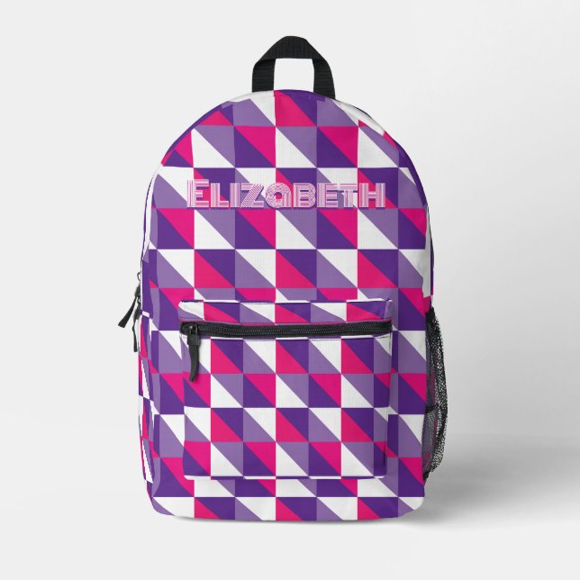 Sac À Dos Imprimé Retro Geometric Abstract Pink Purple & White Name (Recto)