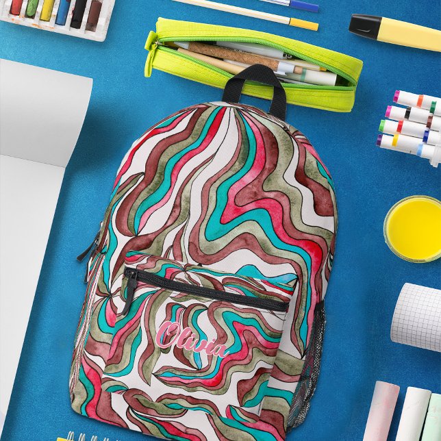 Sac À Dos Imprimé Retro Wavy Stripes Hot Pink Burgundy Nom du monogr (Créateur téléchargé)