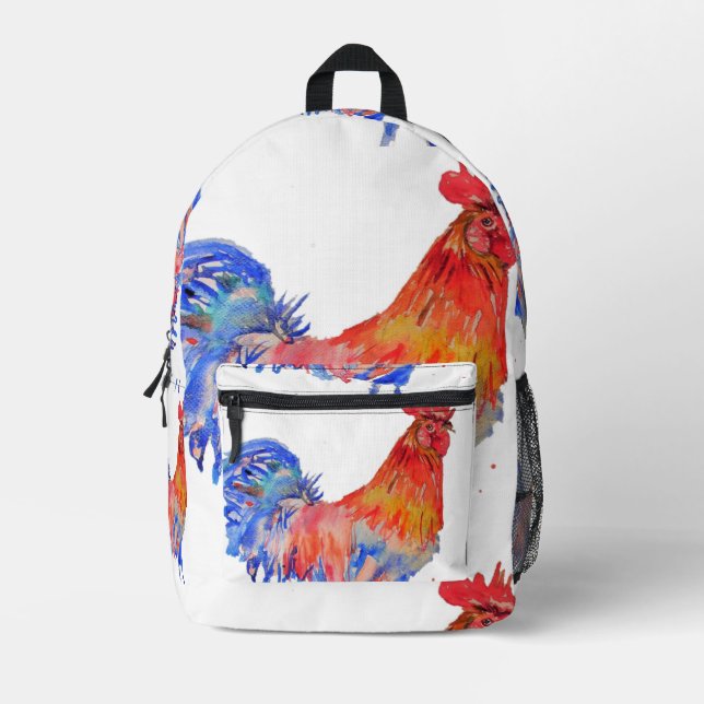 Sac À Dos Imprimé Rooster Aquarelle Rouge Jaune Bleu Poulet (Recto)