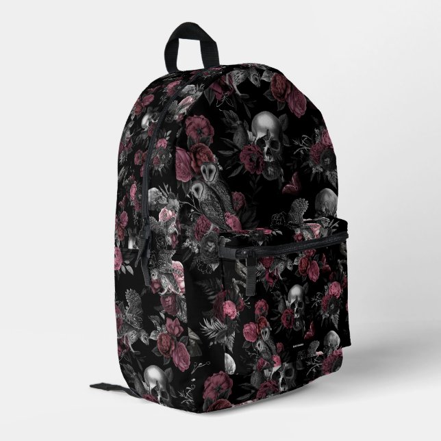 Sac À Dos Imprimé Rose crâne élégant Hibou Bourgogne rose gothique (Coin arrière gauche)