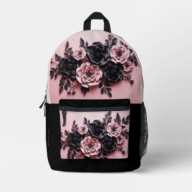 Sac À Dos Imprimé Roses 3D Rose Et Noir (Recto)
