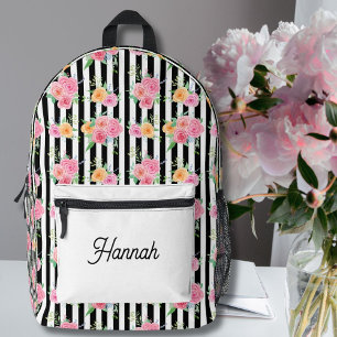 Sac À Dos Imprimé Roses d'aquarelle sur bandes noir et blanc