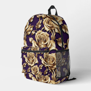 Sac À Dos Imprimé Roses en or métallisé sur un fond violet foncé mat