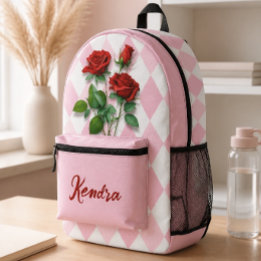 Sac À Dos Imprimé Roses rouges et motif diamant rose et blanc
