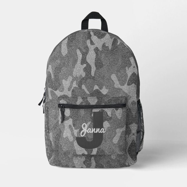 Sac À Dos Imprimé Silver & Pewter Camouflage Glitter Monogrammed (Recto)