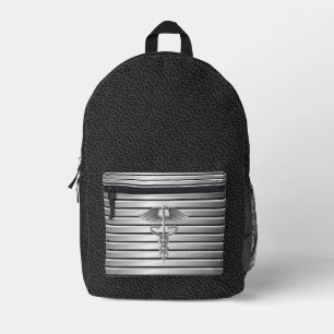 Sac À Dos Imprimé Symbole Médicale Caduceus Noir & Argent