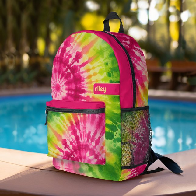 Sac À Dos Imprimé Tie Dye Motif Green Red - nom personnalisé (Personalized Backpack with tie dye pattern plus custom name)
