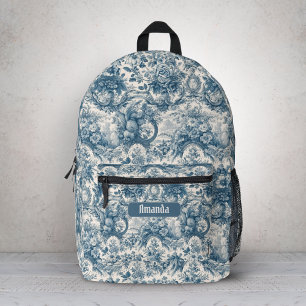 Sac À Dos Imprimé Toile de Jouy Florale Monogramme Bleu Vintage