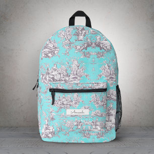 Sac À Dos Imprimé Toile de Jouy Florale Vintage Bleu Aqua Monogramme
