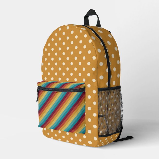 SAC À DOS IMPRIMÉ TORQUOISE ORANGE STRIPES ET POINTS BROWN (Coin arrière droit)