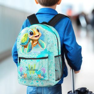 Sac À Dos Imprimé Tortue joyeuse Océan Turquoise Nom Monogramme