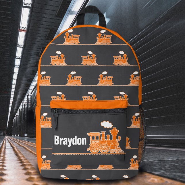 Sac À Dos Imprimé Train à vapeur gris orange enfants nommés (Créateur téléchargé)