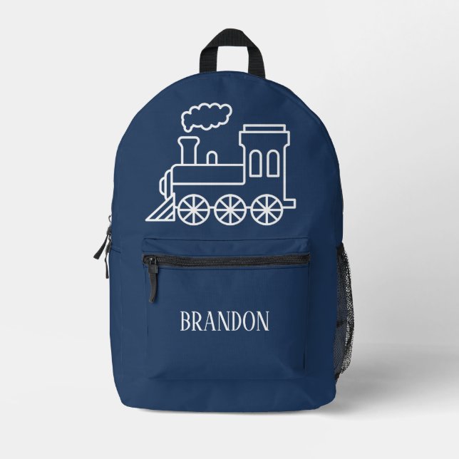 Sac À Dos Imprimé Train pour enfants garçons bleu Nom personnalisé (Recto)