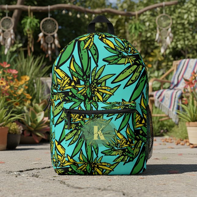 Sac À Dos Imprimé Tropical Exotic Green Jaune Feuilles sur Turquoise (Créateur téléchargé)