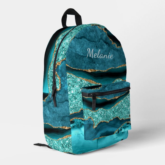 Sac À Dos Imprimé Turquoise Blue Gold Agua Turquoise Nom personnalis (Coin arrière gauche)