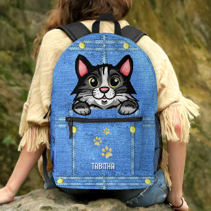 Sac À Dos Imprimé Tuxedo Chat à Faux Denim Poche avec nom personnali
