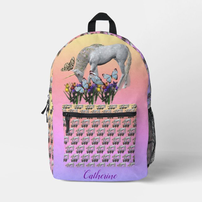 Sac À Dos Imprimé Unicorne Et Papillons Animal Personnalisé (Recto)