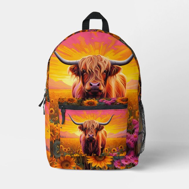 Sac À Dos Imprimé Vache Highland dans les tournesols à Sunrise (Recto)