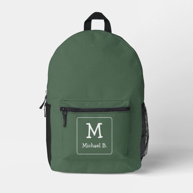 Sac À Dos Imprimé Vert foncé avec nom et monogramme en blanc (Recto)