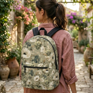 Sac À Dos Imprimé Vert Sauge Et Fleurs Crème