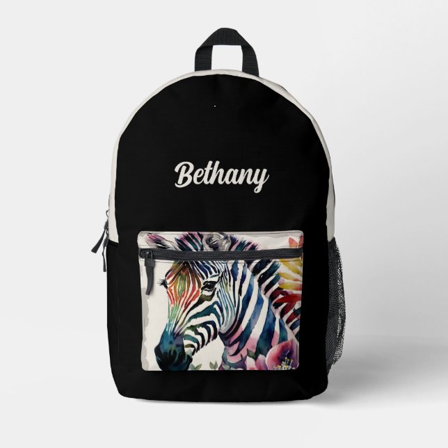 Sac À Dos Imprimé Zèbre Floral Aquarelle Art Beige Noir (Recto)