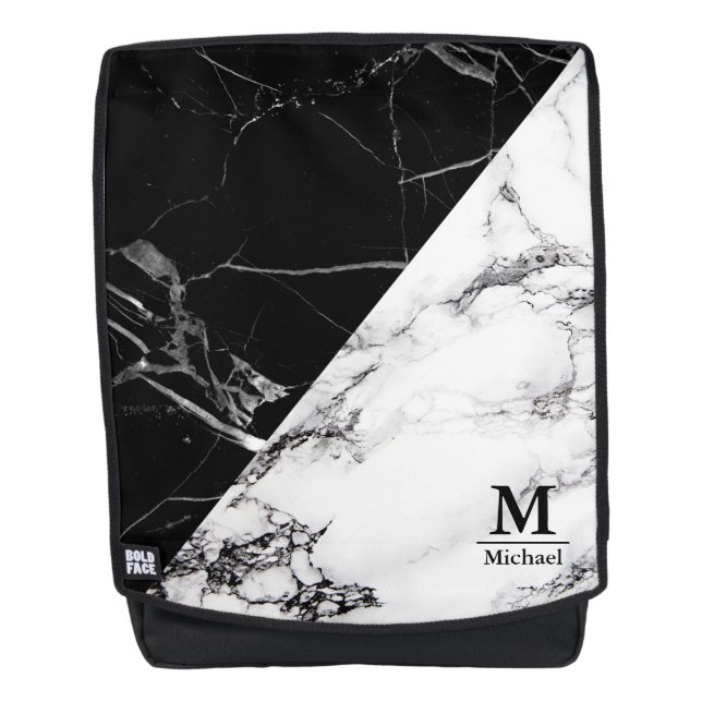 Sac À Dos Marbre noir blanc tendance Texture Monogramme Nom (Devant)