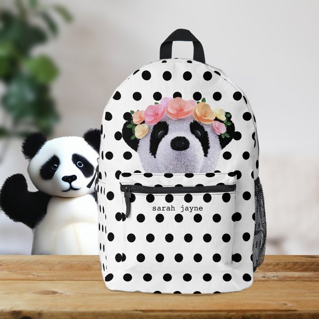 Sac à dos mignon Panda Bear noir et blanc Polka (A cute panda bear with flowers in her hair. Just add your name)