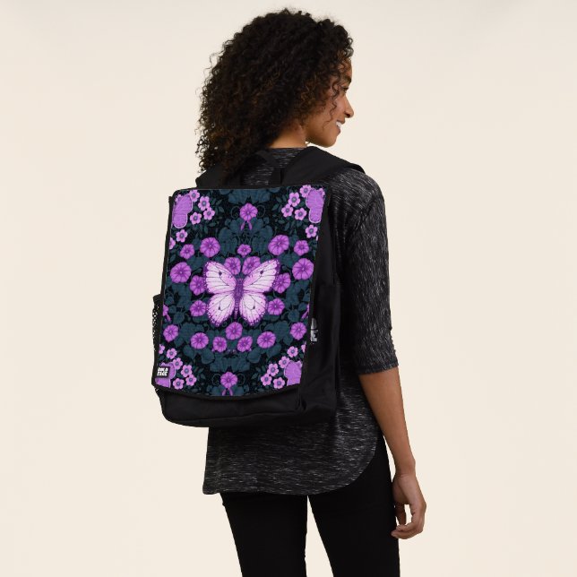 Sac À Dos Papillons et symétrie des fleurs, violet et bleu (Porté)