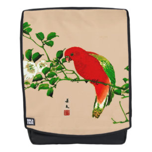 Sac À Dos Peinture japonaise vintage d'un perroquet, rouge e