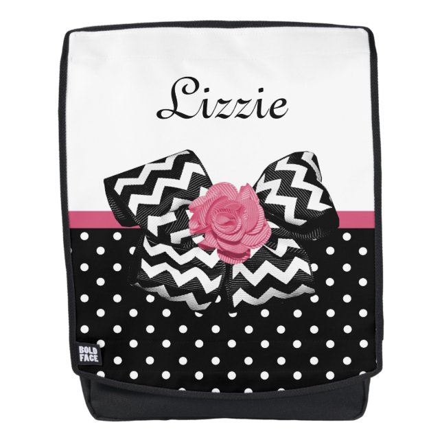Sac À Dos Points noirs mignons Rose rose Chevron Bow et nom (Devant)