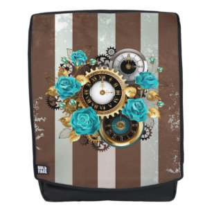 Sac À Dos Steampunk Clock and Turquoise Roses on Striped