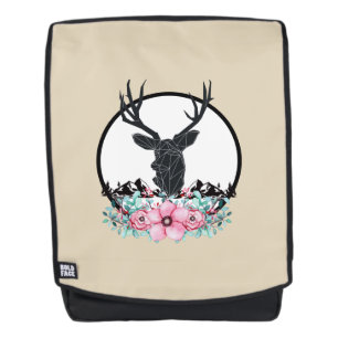 Sac À Dos Tête de cerf noir avec Fleurs et Montagnes roses