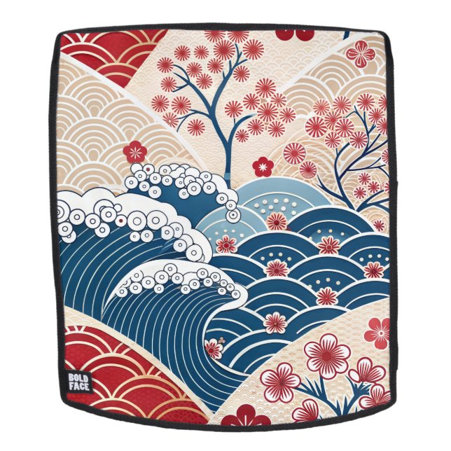 Sac À Dos Traditional Red Blue Japanese Wave Sakura Pattern (Devant amovible)