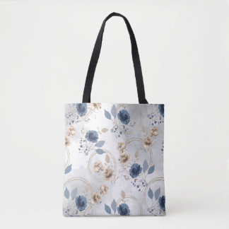 Sac à main en toile fleurie bleu marine aquarelle