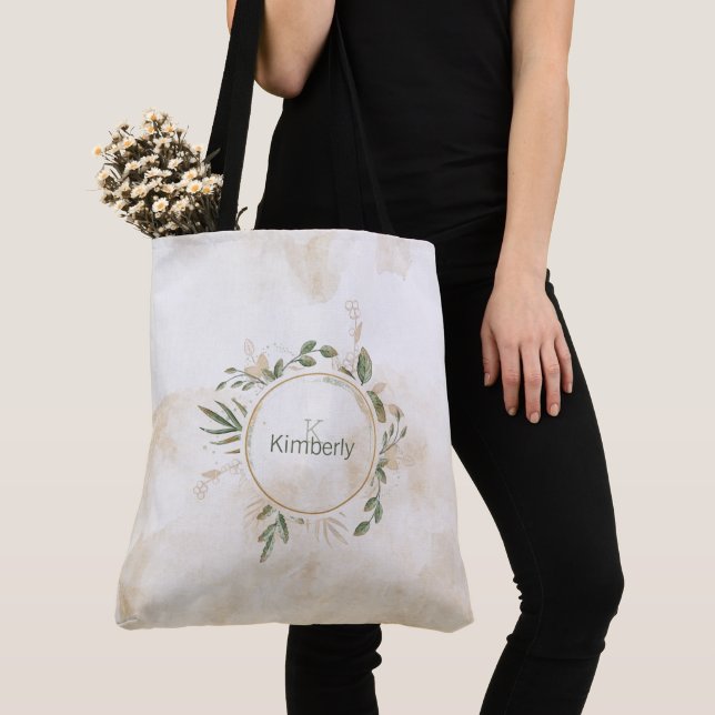 Sac à main floral à monogramme initial vert sauge  (De près)