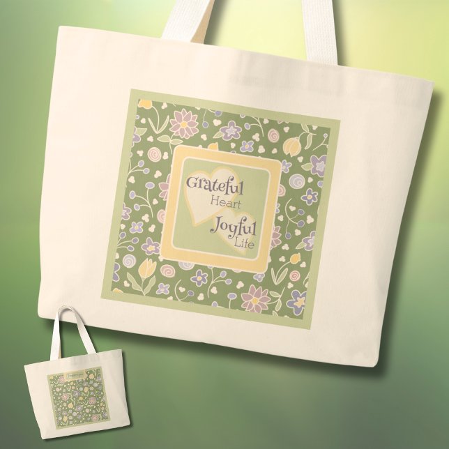Sac à main personnalisé 'Cœur reconnaissant, vie j (Grateful Heart Joyful Life Personalized Tote Bag – Floral Green Inspirational Gift)