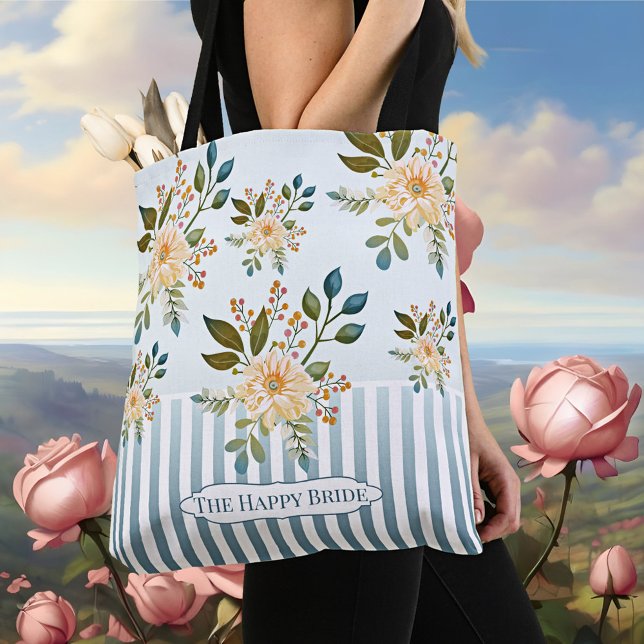 Sac à main rétro romantique floral pour la mariée (Romantic vintage tote bag with stripes on dusty blue with pretty flowers)