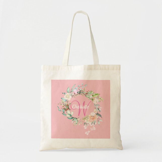 Sac à main rose en or floral avec monogramme scrip (Devant)