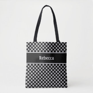 Sac à pois noir et blanc avec bande de nom