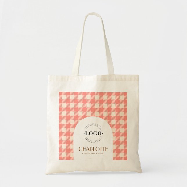 Sac affaires logo Gingham rose pêche doux prépa (Devant)