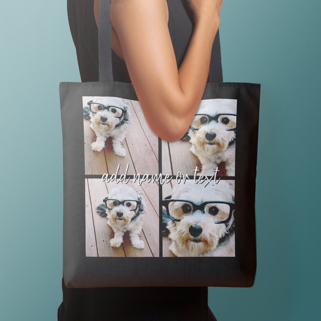 Sac Ajustable 4 Photo Collage avec nom manuscrit - noir (Personalized tote bag with photos collage and text)