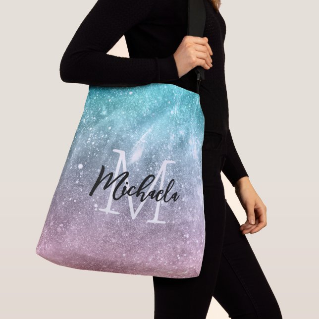 Sac Ajustable Aqua blue Pink ombre mer galaxie abstraite Monogra (De près)