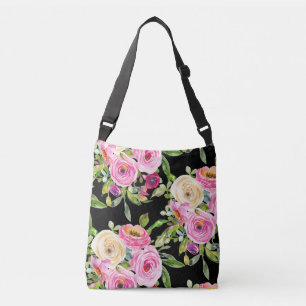 Sac Ajustable Aquarelles de roses en rose et crème sur fond noir
