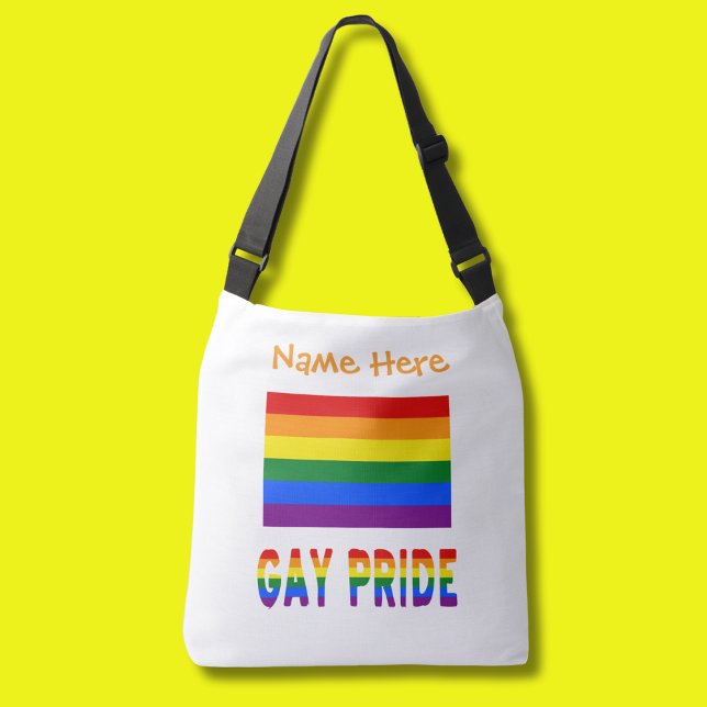 Sac Ajustable Arc-en-ciel personnalisé de la fierté gay (Crossbody bag with Gay Pride Rainbow Flag and the words GAY PRIDE below. Above add a name in orange )