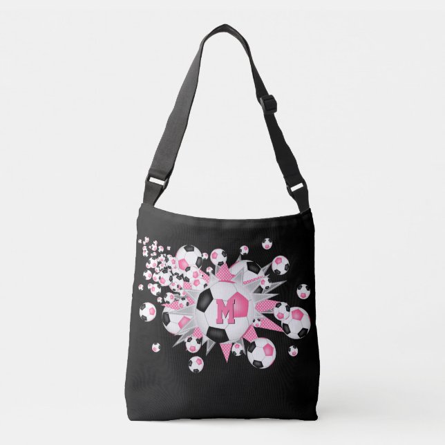 Sac Ajustable Ballons de football rose noir étoiles monogrammed (Devant)