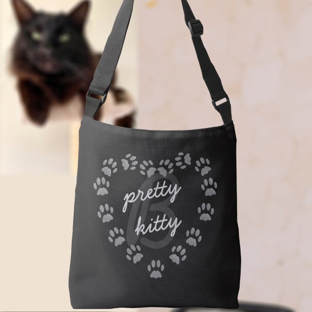 Sac Ajustable Black Chat Empreinte de patte Coeur Monogram Cross (You are a pretty kitty! Just add your initial to this cute crossbody bag)